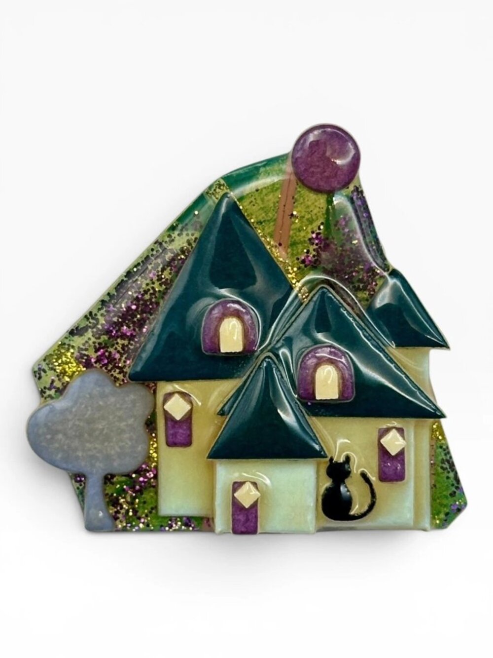 VTG Lucinda House Pins WitchCottage Brooch Black Cat Purple Harvest Moon Glitter